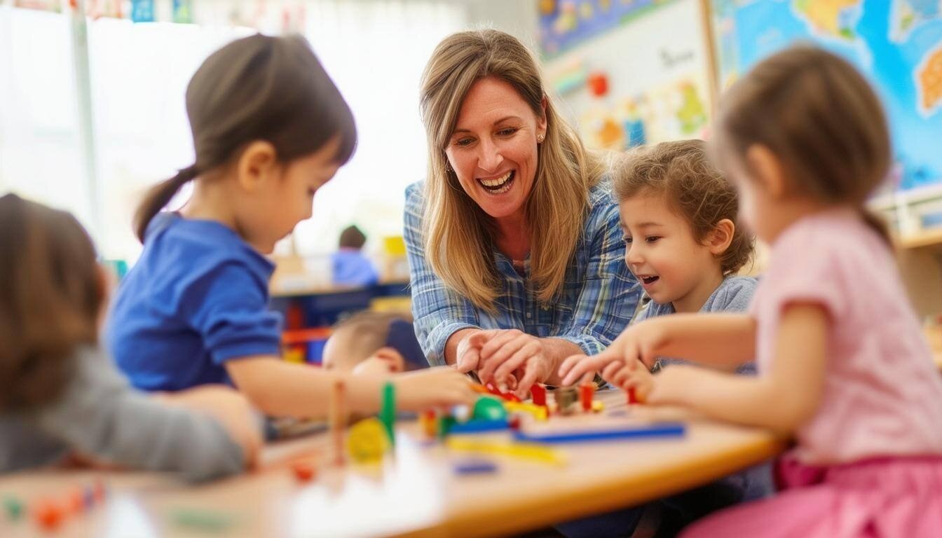 a preschool teacher is playing with several children on a classroom table-1
